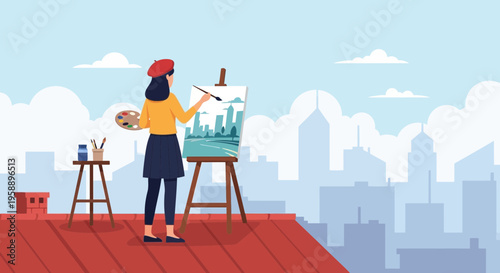 Artist Paints Cityscape From Rooftop Creative Inspiration Overlooking Urban Horizon