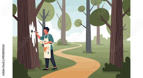 Artist Paints Nature Scene in Tranquil Forest Landscape