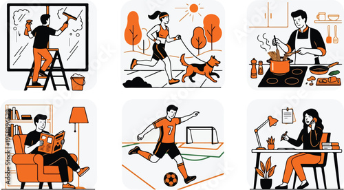 A collection of flat vector illustrations depicting various daily activities and hobbies for a healthy lifestyle