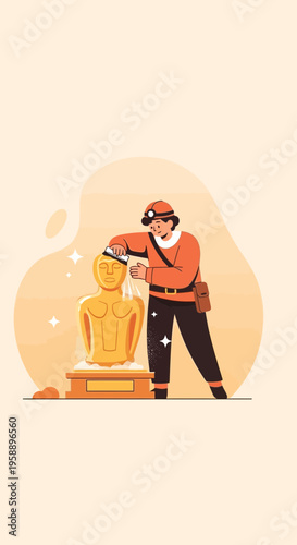 Artist Sculpting Golden Bust Creative Artistic Endeavor Unveiling Masterpiece