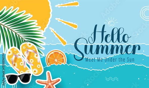 Hello Summer Vacation Banner with Flip Flops Sunglasses and Tropical Palm Leaves Vector Illustration
