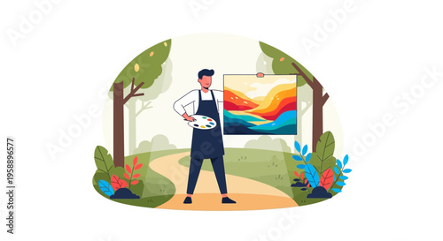 Artist Showcasing Vibrant Landscape Painting Outdoors