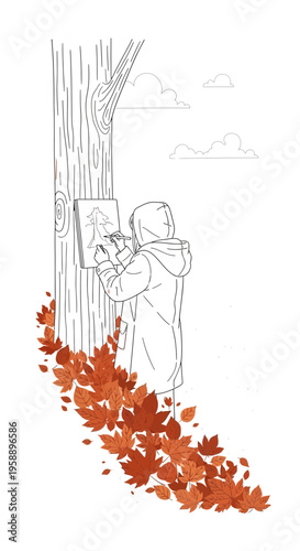 Artist Sketches Autumn Tree Surrounded By Falling Leaves In Minimalist Style