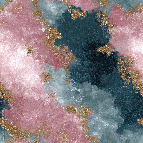 Pink glam sparkle seamless pattern with rose gold and teal palette, featuring textured glitter and abstract paint splashes creating luxurious and elegant design