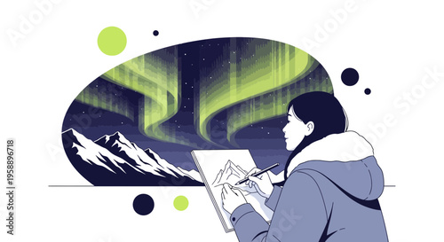 Artist Capturing Aurora Borealis Above Snowy Peaks