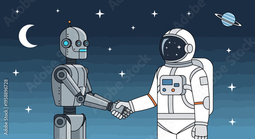 Astronaut And Robot Share Space Handshake Under Starry Night Sky And Moon