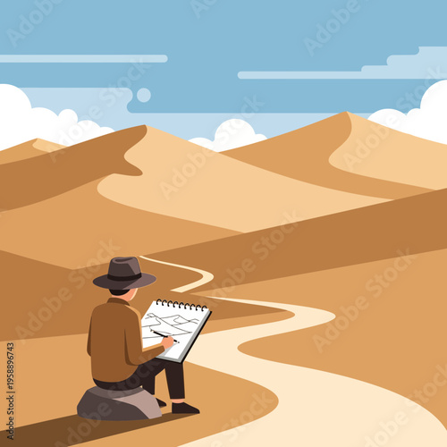 Artist Capturing Desert Dunes And Winding Path In Sketchbook