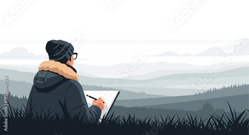 Artist Capturing Majestic Misty Mountain Views With Sketchbook