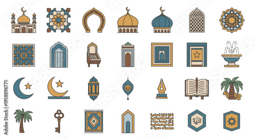 Ramadan Kareem icons set Islamic symbols and mosque elements