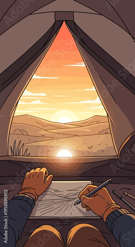 Artistic Sunset View From Inside A Cozy Tent Creating Outdoor Masterpieces