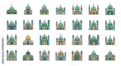 Mosque icons set colorful Islamic architecture symbols