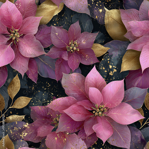Pink poinsettia flower, gold leaf, dark background, seamless pattern, elegant floral design, festive decoration with shiny details
