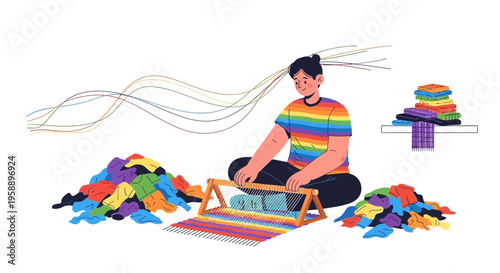 Artistic Weaver Creating Rainbow Textiles With Colorful Threads And Fabric