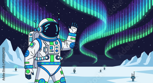Astronaut Waving Under The Aurora Borealis In A Snowy Landscape