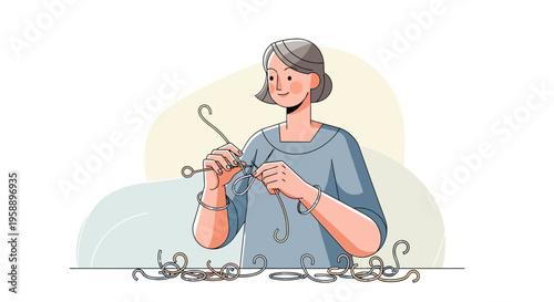Artistic Woman Knitting With Yarn And Needles A Creative Hobby Illustration