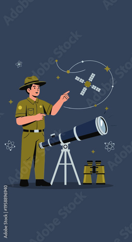Astronomer Gazing At Distant Stars With Telescope And Satellite