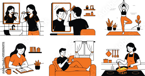 Daily routines and self-care activities captured in a flat vector illustration style