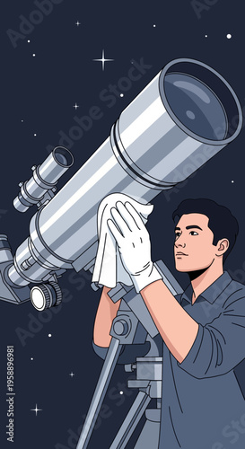 Astronomy Enthusiast Cleans Telescope Under Starry Night Sky