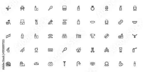 Beauty and cosmetics icon set. Vector symbols for skincare, makeup, haircare, spa, and grooming tools. Includes scissors, lipstick, hair dryer, lotion, razor, and more. Editable thin line icons.