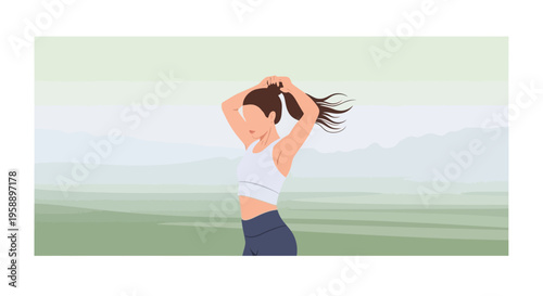 Athletic Woman Preparing For Workout Outdoors In Natural Landscape