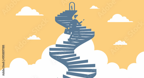 Ascending To Success Staircase In The Sky With Business Figures