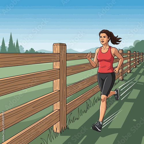 Athletic Woman Exercising Outdoors Along A Rustic Wooden Fence Line