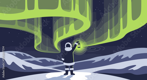 Aurora Borealis Spectacle A Solitary Figure Holds A Lantern Aloft
