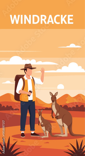 Australian Outback Adventure With Kangaroos And A Traveler