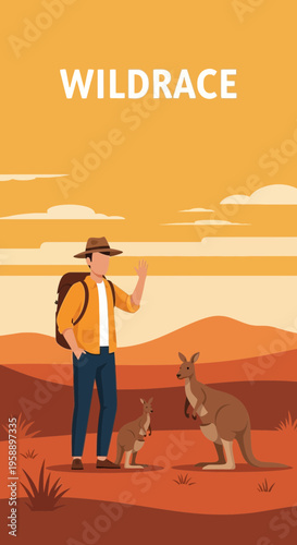 Australian Outback Adventure With Kangaroos And Tourist Exploring Nature