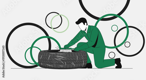 Automotive Mechanic Professionally Cleaning A Car Tire With A Brush And Soap