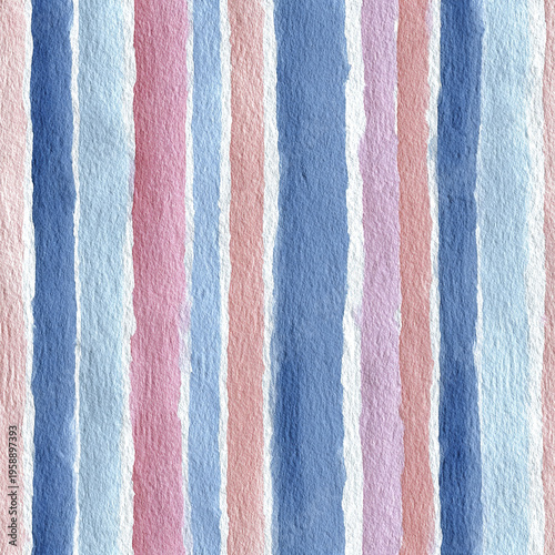Watercolor vertical stripes pattern in powder blue, pink, and lavender tones on textured paper, creating soft and calming artistic background with hand painted feel