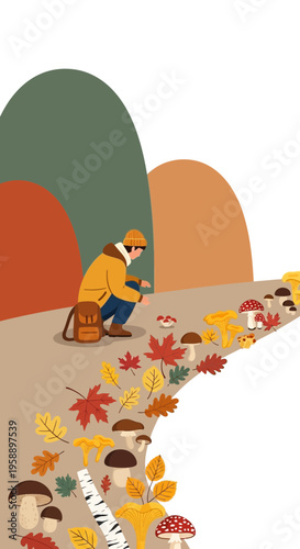 Autumn Forest Forager Discovering Mushrooms Amidst Falling Leaves And Rolling Hills