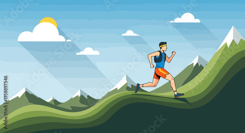 Athletic Man Ascends Verdant Mountain Trail Under Sunny Sky