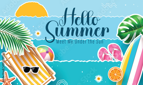 Hello Summer Beach Vacation Background with Surfboard Deck Chair and Flip Flops Vector Illustration