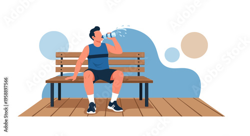 Athletic Man Hydrating While Resting On A Park Bench Outdoors