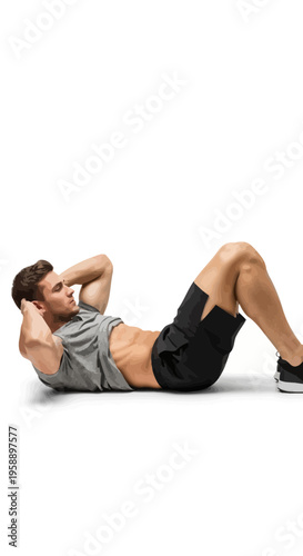 Athletic Man Performing Core Strengthening Crunches Isolated White Background