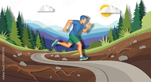 Athletic Man Running Through Scenic Mountainous Forest Landscape