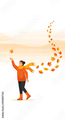 Autumn Joyful Moment With Falling Leaves And Scarf