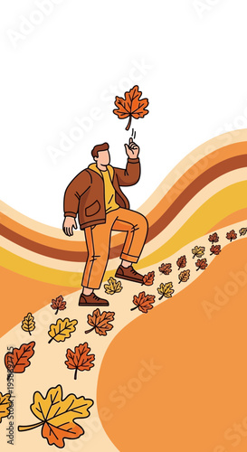 Autumn Journey Man Walking Through Falling Leaves Season Change