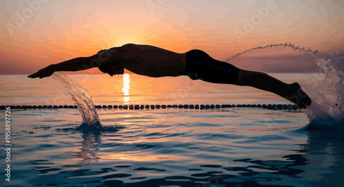 Athletic Silhouette Dive Into Sunset Pool Waters