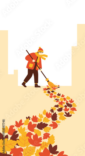 Autumn Leaf Sweeping Effort With Seasonal Color Palette And Simple Style