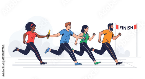 Athletic Team Completing Relay Race At The Finish Line