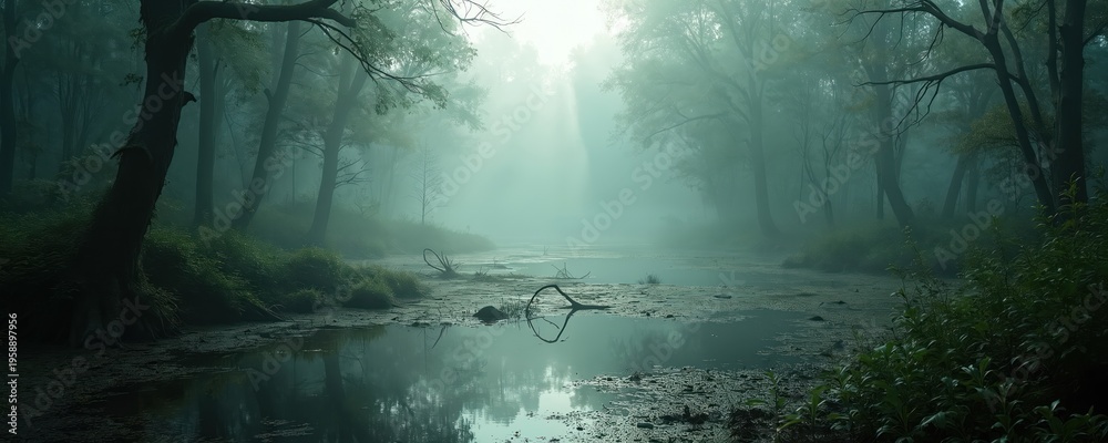 Fototapeta premium Misty forest swamp waterway scene. Dense fog obscures trees and reflects in still water. Rich green vegetation lines the banks. Eerie atmosphere.