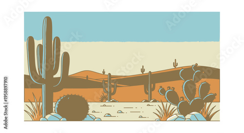 Desert Landscape with Cacti at Sunset