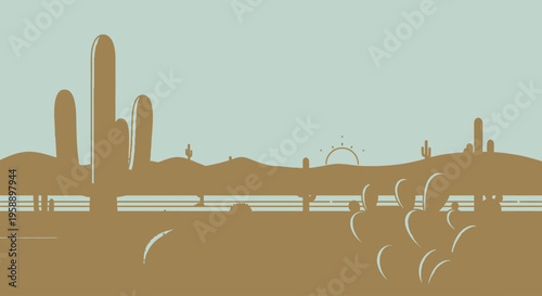 Desert Landscape Silhouette with Cacti and Mountains