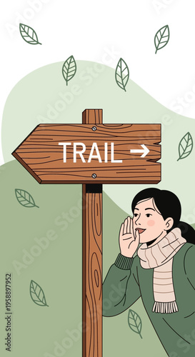 Autumn Trailhead Guidance With Whispering Woman And Falling Leaves