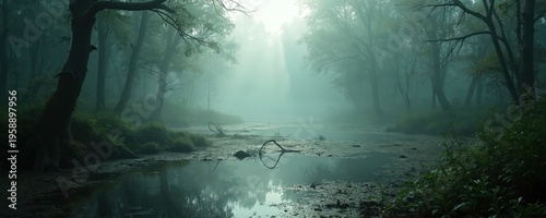 Misty forest swamp waterway scene. Dense fog obscures trees and reflects in still water. Rich green vegetation lines the banks. Eerie atmosphere.