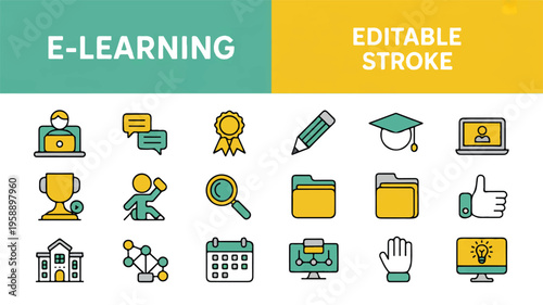 Modern flat line icon set for e-learning, online education, and digital knowledge acquisition, ideal for web and mobile interfaces