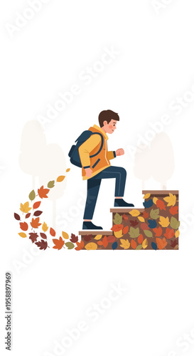 Autumn Student Climbing Stairs With Leaves Trail