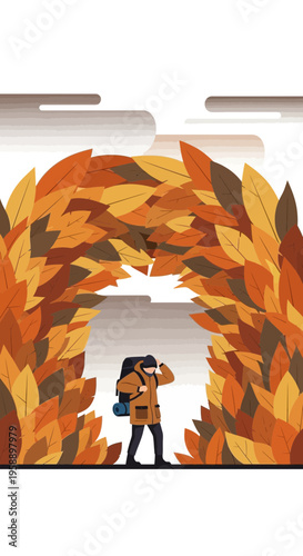 Autumn Traveler Exploring Vibrant Leafy Archway Discovering Natural Beauty